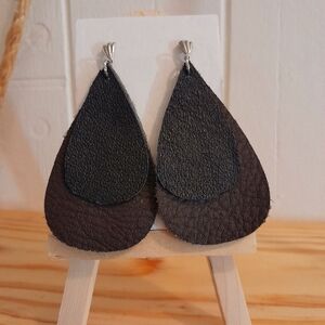 Black and Brown Leather Teardrop Earrings